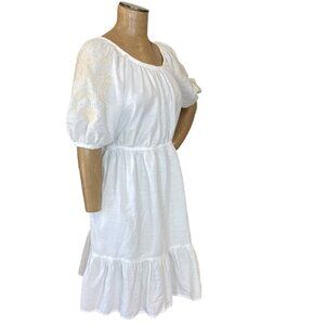 Knox Rose BOHO Peasant Dress White w/ Floral Embroidery L #300A